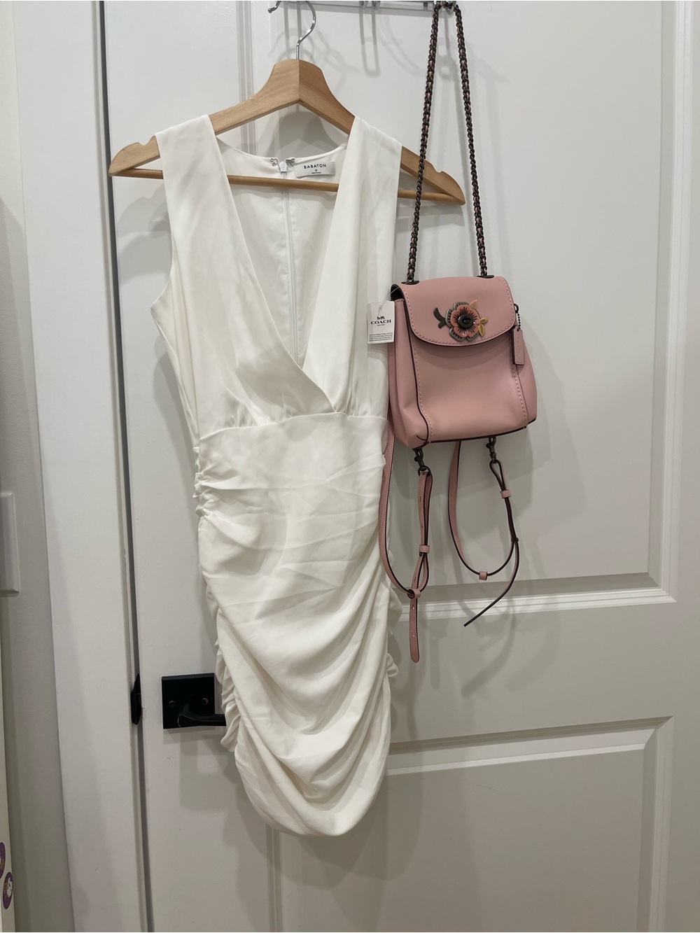 Aritzia White Sleeveless V-Neck Ruched Mini Dress